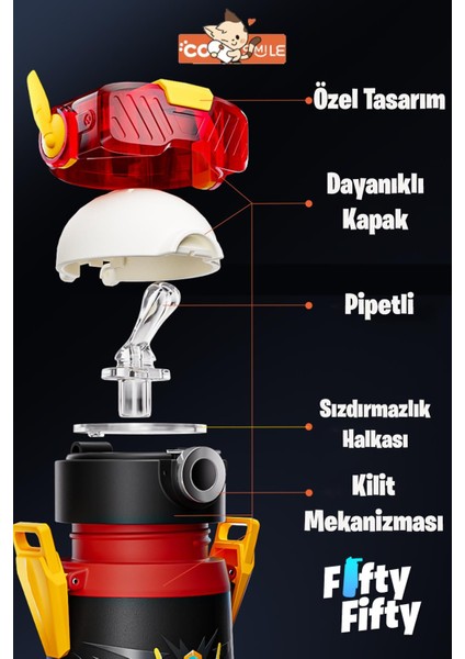 Cocosmile Özel Kutulu 500 ml Pipetli Çelik Termos Boyun Askılı 4 Farklı Robot Modeli CS0001