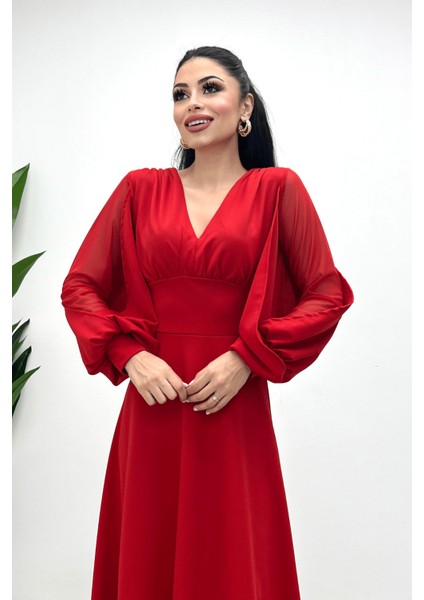 Krep Kumaş Kolları Tül Abiye Elbise - Kırmızı modelleri