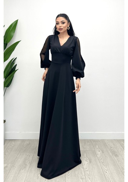 Krep Kumaş Kolları Tül Abiye Elbise - Siyah fiyatları