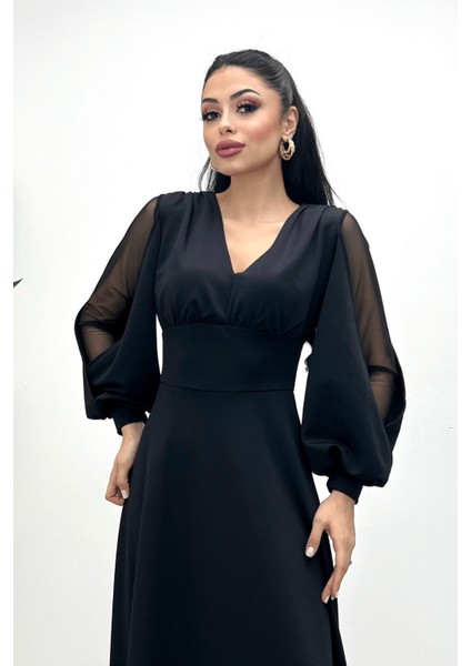 Krep Kumaş Kolları Tül Abiye Elbise - Siyah modelleri