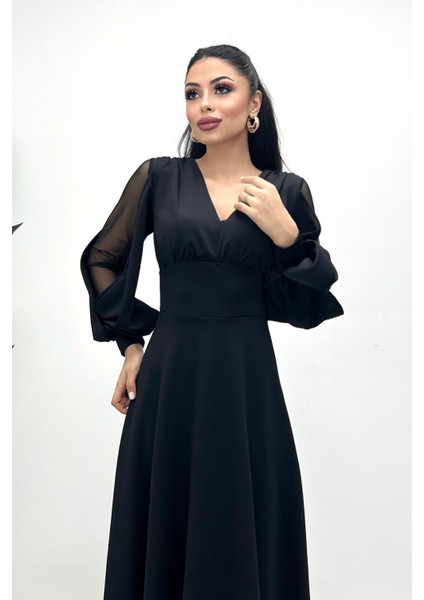 Krep Kumaş Kolları Tül Abiye Elbise - Siyah fırsatları