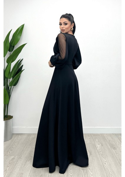 Krep Kumaş Kolları Tül Abiye Elbise - Siyah indirimleri