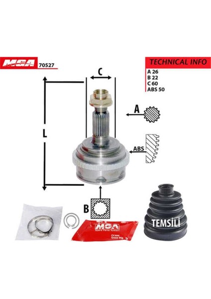 70527 70527 Aks Kafası Dış Absli Civic 01-06 1.4 16V 26×22×60-Abs-50