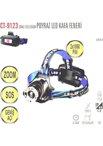 CT-9123 Poyraz Kafa Lambası Ledli Şarj Edilebilir Zom+Sos+Geniş Açı