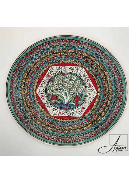 Aysunhandart Ipek Desen Çerçeveli Merkezinde Hayat Ağacı Motifli El Yapımı Seramik Tabak