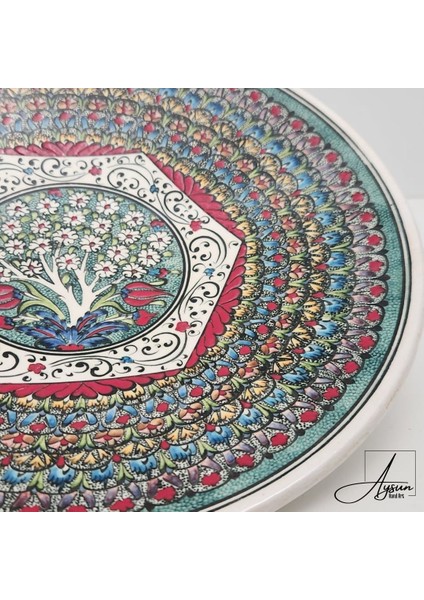 Aysunhandart Ipek Desen Çerçeveli Merkezinde Hayat Ağacı Motifli El Yapımı Seramik Tabak