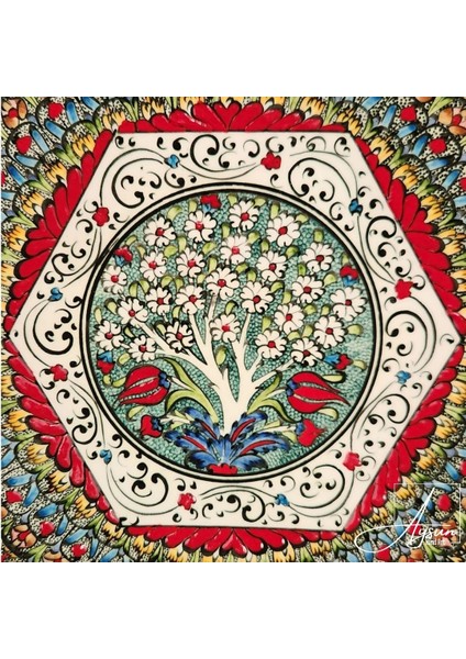 Aysunhandart Ipek Desen Çerçeveli Merkezinde Hayat Ağacı Motifli El Yapımı Seramik Tabak