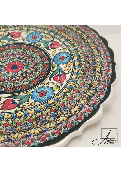 Aysunhandart Ipek Desen Çerçeveli Merkezinde Osmanlı Lale Motifli El Yapımı Seramik Tabak