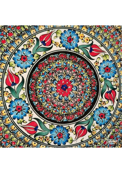 Aysunhandart Ipek Desen Çerçeveli Merkezinde Osmanlı Lale Motifli El Yapımı Seramik Tabak