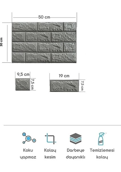 50x30 Cm 0,17 M² Kendinden Yapışkanlı Duvar Kağıdı Esnek Köpük Paneli 3d Boyutlu Tuğla Desen Antrasit