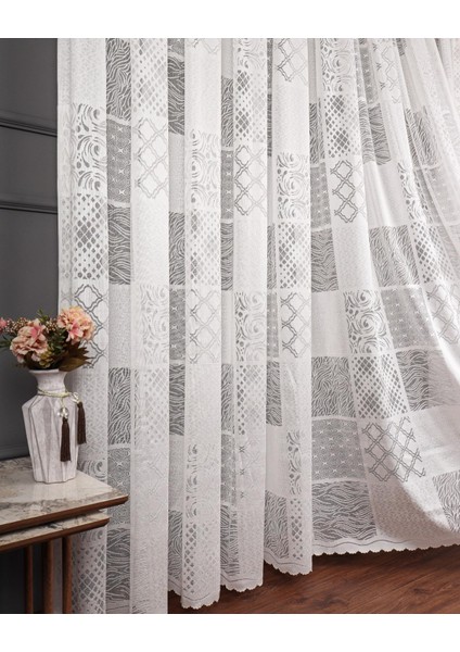 Taç Patchwork Desen 1/3 Sık Pile Jakar Tül Perde Tek Kanat - Ekru 100 x 250 cm