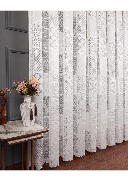 Taç Patchwork Desen 1/3 Sık Pile Jakar Tül Perde Tek Kanat - Ekru 100 x 260 cm fiyatları
