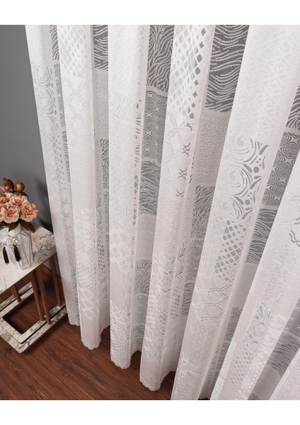 Taç Patchwork Desen 1/3 Sık Pile Jakar Tül Perde Tek Kanat - Ekru 100 x 260 cm modelleri
