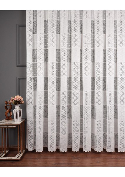 Taç Patchwork Desen 1/3 Sık Pile Jakar Tül Perde Tek Kanat - Ekru 100 x 260 cm fırsatları