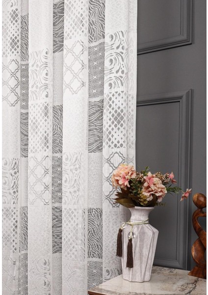 Taç Patchwork Desen 1/3 Sık Pile Jakar Tül Perde Tek Kanat - Ekru 100 x 260 cm indirimleri