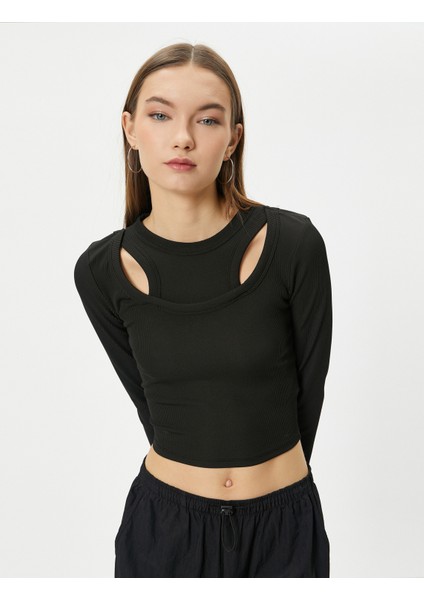 Çift Yaka Detaylı Tişört Uzun Kollu Ribanalı