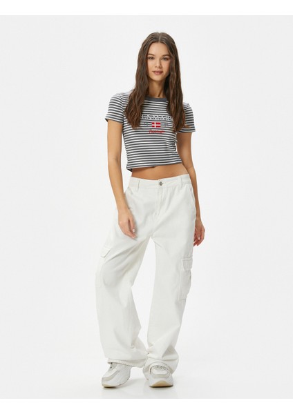 Crop Tişört Ribanalı Slim Fit Işleme Detaylı Kısa Kollu Bisiklet Yaka