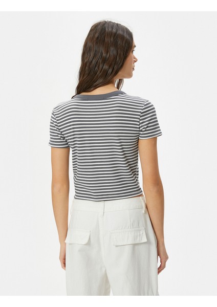 Crop Tişört Ribanalı Slim Fit Işleme Detaylı Kısa Kollu Bisiklet Yaka