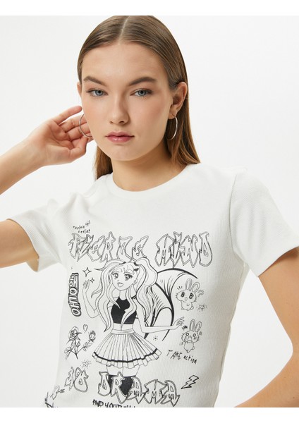 Anime Tişört Baskılı Kısa Kollu Bisiklet Yaka Pamuklu Slim Fit