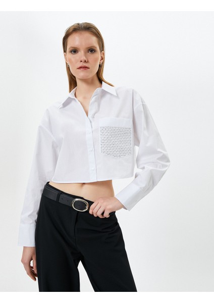 Crop Uzun Kollu Gömlek Cep Detaylı Düğmeli Pamuklu