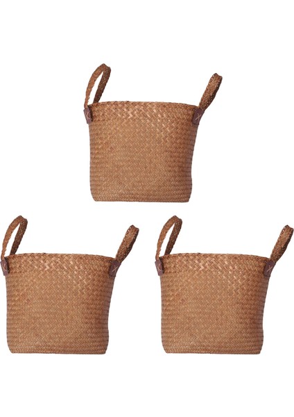 3x Doğal Yuvarlak Hasır Sepet Kutusu El Yapımı Tutma Yeri Turuncu 33X21X26CM (Yurt Dışından)