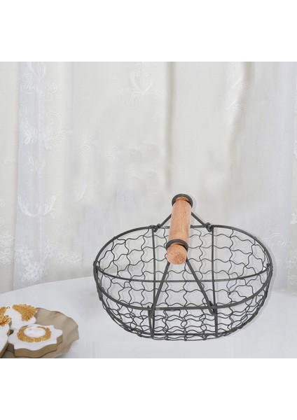3x Ahşap Saplı Metal Retro Sepet Taşınabilir Çok Fonksiyonlu Sebze Meyve Yumurta Bakkal Pratik Depolama Sepeti Siyah (Yurt Dışından)
