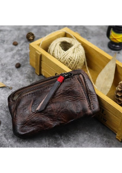 6x Vintage Erkek Hakiki Deri Mini Bozuk Para Cüzdanı Kart Kutusu Tutucu Cüzdan Debriyaj Erkek Kısa Fermuar Küçük Değişim Çantası (Yurt Dışından)