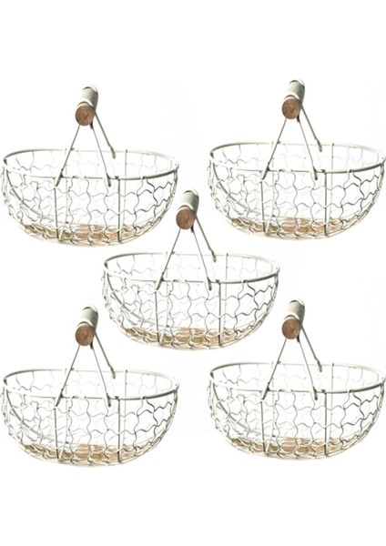 5x Ahşap Saplı Metal Retro Sepet Taşınabilir Çok Fonksiyonlu Sebze Meyve Yumurta Bakkal Pratik Depolama Sepeti Beyaz (Yurt Dışından)