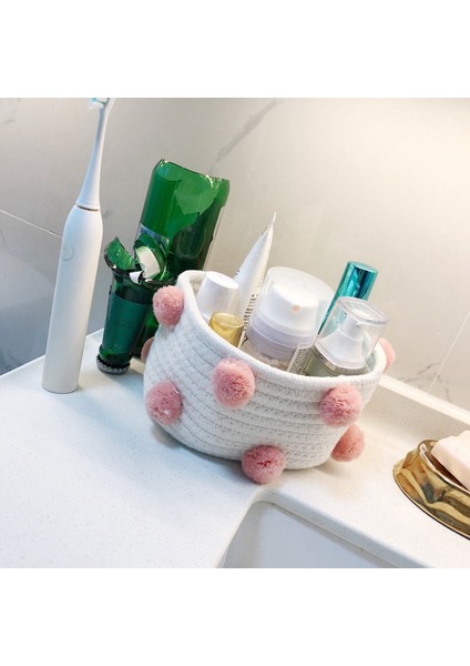 3x Pamuk Dokuma Depolama Sepeti Sevimli Ponpon Dekor Çeşitli Eşyalar Bitirme Kutusu Iskandinav Kozmetik Oyuncaklar Organizatör Çerçeve Pembe S (Yurt Dışından)