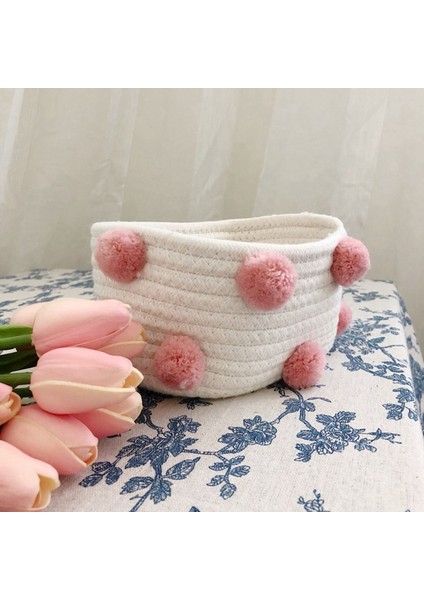 3x Pamuk Dokuma Depolama Sepeti Sevimli Ponpon Dekor Çeşitli Eşyalar Bitirme Kutusu Iskandinav Kozmetik Oyuncaklar Organizatör Çerçeve Pembe S (Yurt Dışından) indirimleri