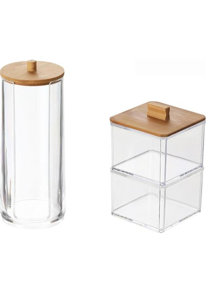 2 Adet Çok Fonksiyonlu Yuvarlak Saklama Kutusu Makyaj Pamuğu Pedleri Çubukla Saklama Kutusu Kozmetik Organizatör Kutusu Bambu Kapaklı (Yurt Dışından)