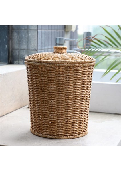 2x Dokuma Sepet Çöp Tenekesi Yuvarlak Rattan Çöp Sepeti Kapaklı Ekici Dokuma Saklama Sepetleri Hasır Çöp Kutusu (Yurt Dışından)