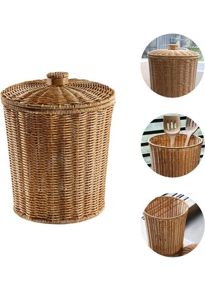 2x Dokuma Sepet Çöp Tenekesi Yuvarlak Rattan Çöp Sepeti Kapaklı Ekici Dokuma Saklama Sepetleri Hasır Çöp Kutusu (Yurt Dışından) fiyatları