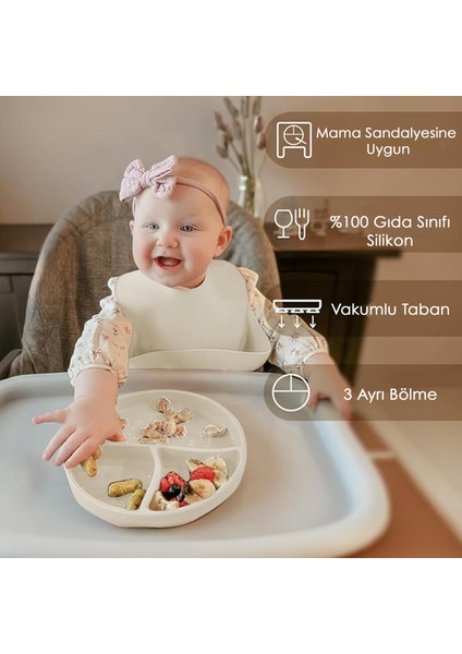3'lü Silikon Beslenme Seti - Silikon Mama Önlüğü Kulplu Bardak Vakum Tabanlı Tabak