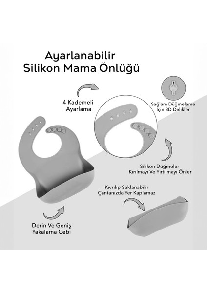 Meleni Baby 3'lü Silikon Beslenme Seti - Silikon Mama Önlüğü Diş Kaşıyıcılı Kaşık Vakum Tabanlı Tabak
