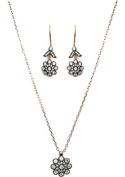 925 Ayar Rose Kaplamalı Beyaz Taşlı Çiçek Kolye-Küpe Gümüş Set