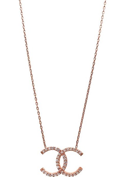 925 Ayar Rose Kaplamalı Beyaz Taşlı Özel Marka cc Gümüş Kolye