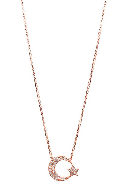 925 Ayar Rose Kaplamalı Beyaz Taşlı Ay-Yıldız Gümüş Kolye