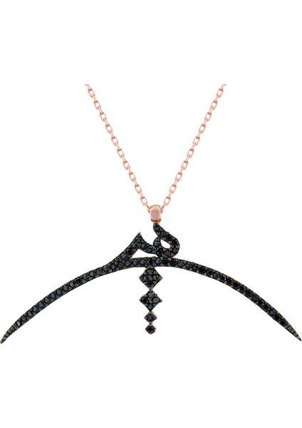 925 Ayar Rose Kaplamalı Siyah Taşlı Allah Yazılı Gümüş Kolye