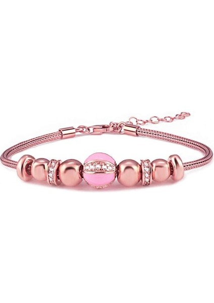 925 Ayar Rose Kaplamalı Beyaz Zirkon Taşlı Pembe Mineli Charmlı Gümüş Bileklik