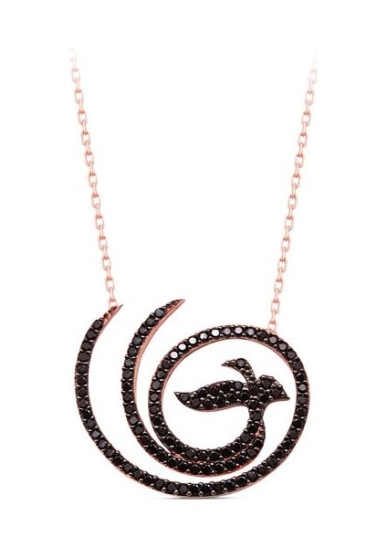 925 Ayar Rose Kaplamalı Siyah Taşlı Anka Kuşu Gümüş Kolye