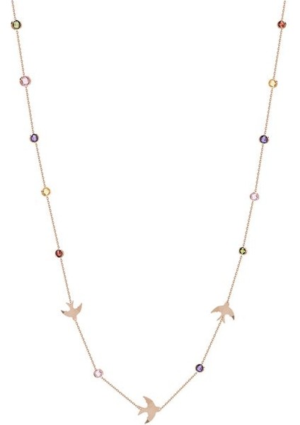 925 Ayar Rose Kaplama Multicolour Taşlı Kırlangıç Kuş Sıralı Gümüş Kolye