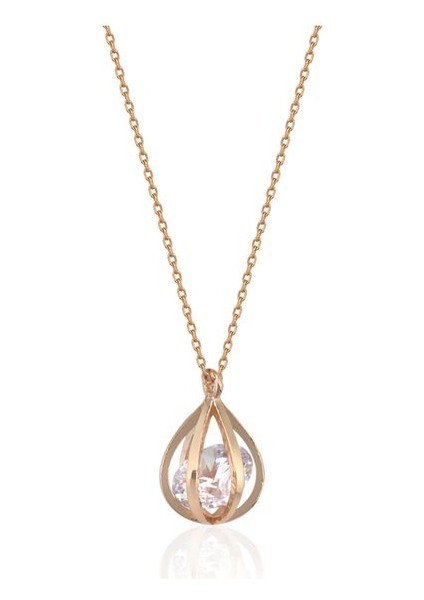 925 Ayar Rose Kaplamalı Beyaz Taşlı Kafes Damla Tasarım Gümüş Kolye