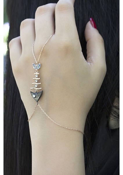 925 Ayar Rose Kaplamalı Mavi ve Beyaz Taşlı Siyah Kalemli Balık Kılçığı Gümüş Şahmeran