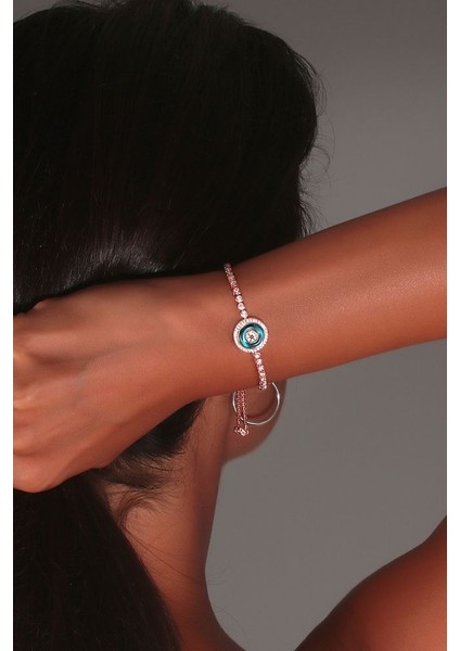925 Ayar Rose Kaplamalı Beyaz Zirkon Taşlı Yuvarlak Nazar Göz Gümüş Bileklik