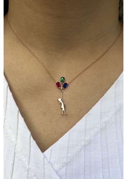 925 Ayar Rose Kaplamalı Damla Taşlı Balonlu Kız Gümüş Kolye