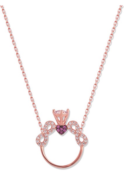 925 Ayar Rose Kaplamalı Beyaz Taşlı Tek Taş Figürlü Sonsuzluk Gümüş Kolye