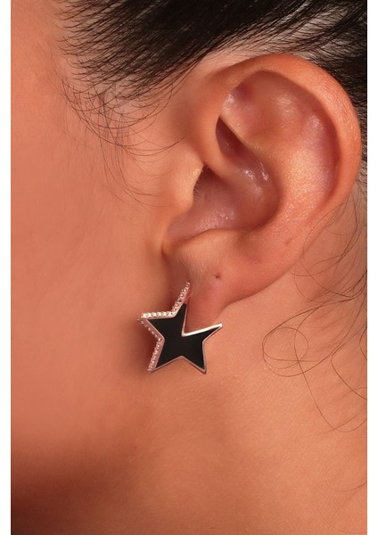 925 Ayar Rose Kaplamalı Siyah Mineli Beyaz Taşlı Yıldız Gümüş Küpe