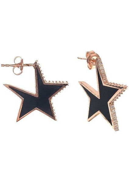 925 Ayar Rose Kaplamalı Siyah Mineli Beyaz Taşlı Yıldız Gümüş Küpe fiyatları