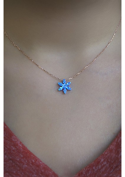 925 Ayar Rose Kaplamalı Mavi Opal Taşlı Kar Tanesi Gümüş Kolye